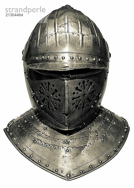 Isolation Of A Medieval Helmet  Visor And Gorget From A Suit Of Armour  On A White Background