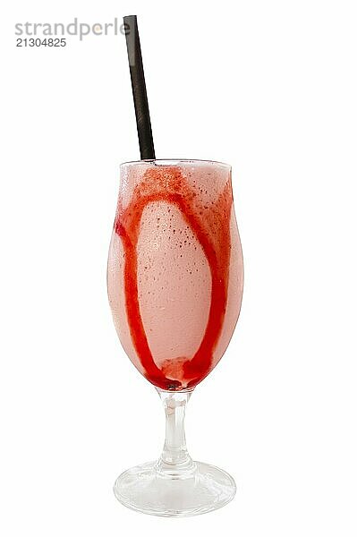 Isolated Tropical Strawberry Fruit Smoothie Or Milkshake In A Glass On A White Background