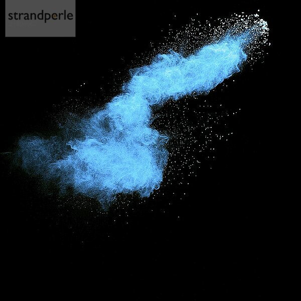 Blue color dust particles explosion cloud on black background.Color powder splash