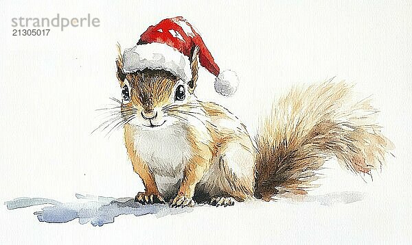 A squirrel wearing a Santa hat is sitting on a white background. The image has a festive and playful mood  as the squirrel is dressed up in a hat and he is enjoying the holiday season AI generated