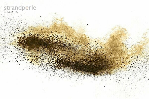 Stopping the movement of brown powder. Explosive brown powder on white background