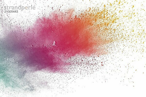 Multicolored powder explosion on white background.Abstract colorful dust particle texture background