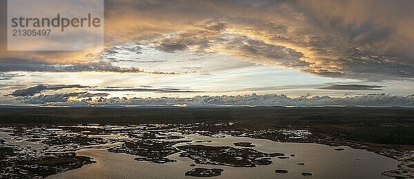 Sunset  drone shot  aerial view  lakes  moor landscape  Lapland  Finland  Europe