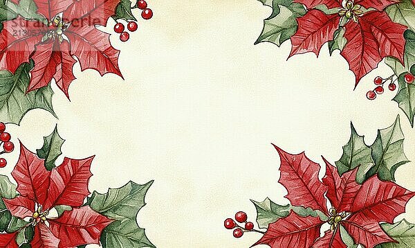 A white background with red poinsettias and berries. The poinsettias are in the center and the berries are on the right AI generated