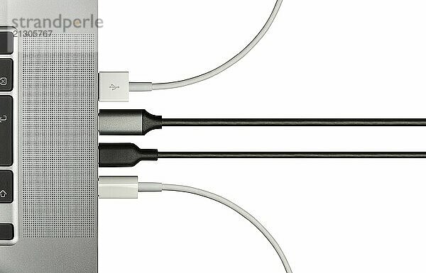 Various Cables Plugged In To A Laptop Computer For Various Peripheral Devices  Isolated On A White Background With Copy Space