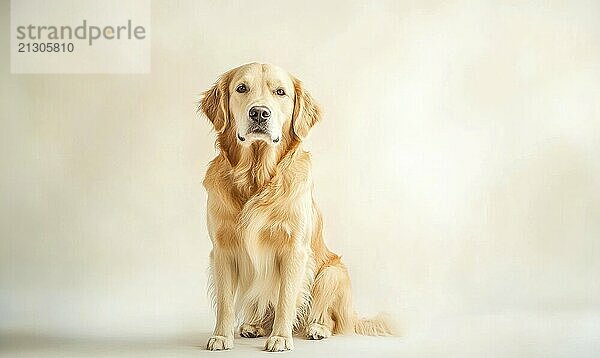 A golden retriever is sitting on a white background. The dog has a calm and relaxed expression on its face AI generated