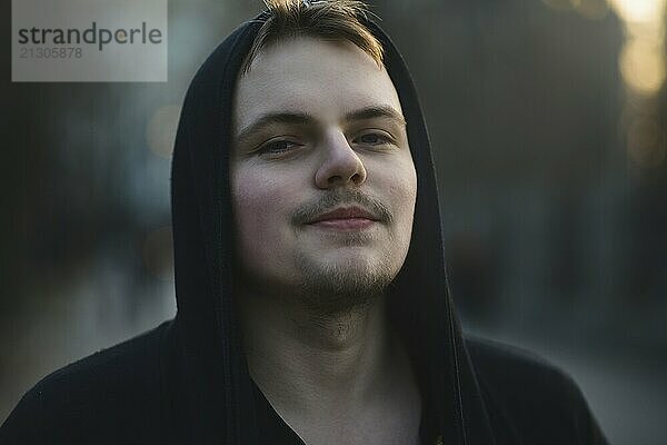 Portrait of beautiful young man wearing hood  nature park Teenager being thoughtful and contemplative  recreation lifestyle