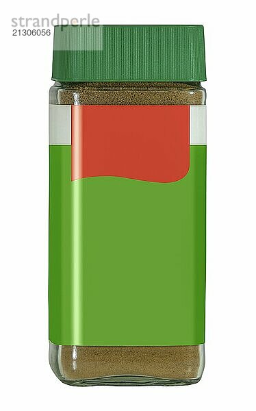 A Retro Style Jar Of Instant Granulated Coffee With A Blank Green And Red Label On A White Background