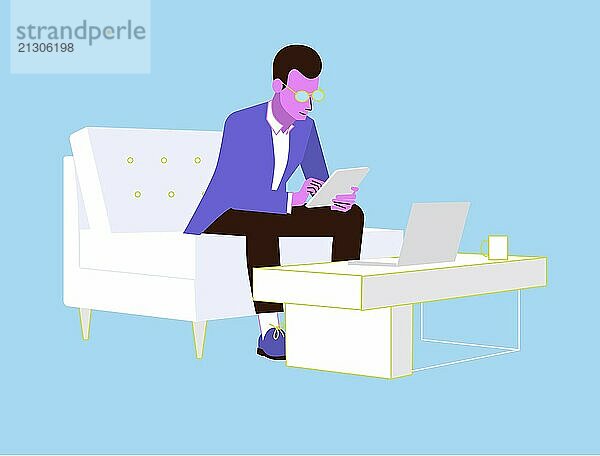 Illustration of a man sitting on the sofa holding tablet in his hand browsing the internet  colorful