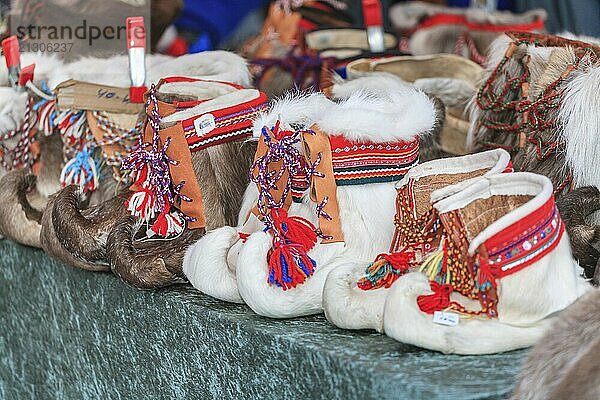 Traditional shoes made of fur  reindeer fur  Sami culture  Jokkmokk winter market  Jokkmokk  Lapland  Sweden  Europe