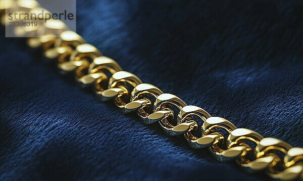 A gold chain with a blue background is displayed. The chain is made of gold and is placed on a blue cloth AI generated