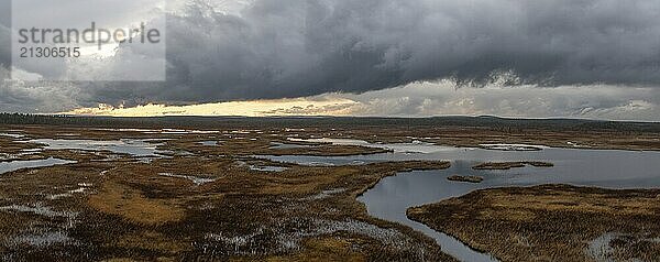 Sunset  drone shot  aerial view  lakes  moor landscape  Lapland  Finland  Europe