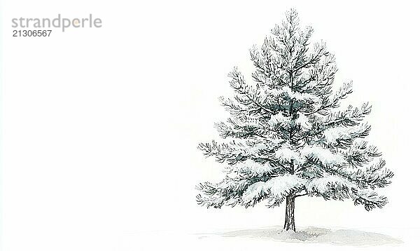 A white background with a tree in the foreground. The tree is covered in snow and he is bare AI generated