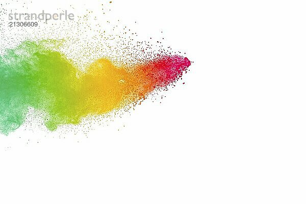 Colorful powder explosion on white background. Abstract pastel color dust particles splash