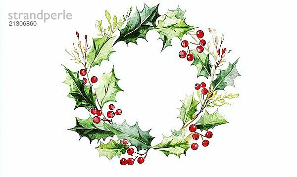 A watercolor painting of a wreath of holly and berries. The wreath is surrounded by a white background AI generated