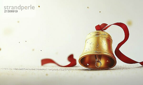 A golden bell with a red ribbon is on a white background. The bell is surrounded by a lot of red and gold  giving it a festive and celebratory feel AI generated