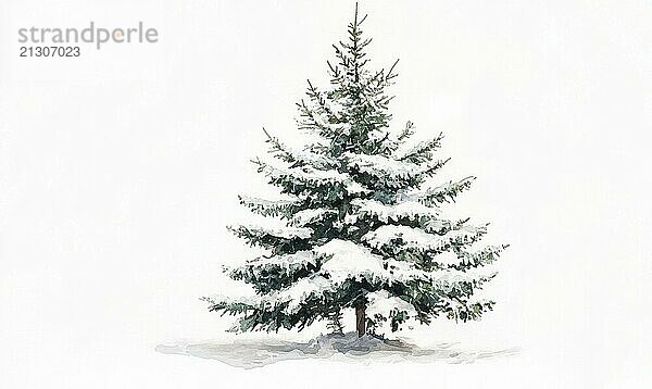 A snow covered pine tree stands alone in a white background. The tree is bare and covered in snow  giving it a peaceful and serene appearance. The white background emphasizes the tree's natural beauty AI generated