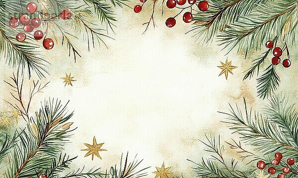 A Christmas tree with red berries and a white background. The tree is surrounded by a frame of green leaves AI generated