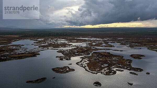 Sunset  drone shot  aerial view  lakes  moor landscape  Lapland  Finland  Europe