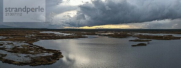 Sunset  drone shot  aerial view  lakes  moor landscape  Lapland  Finland  Europe