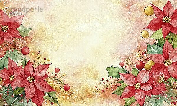 A watercolor painting of red poinsettias and berries with a white background. The painting has a warm and festive mood  evoking the feeling of the holiday season AI generated