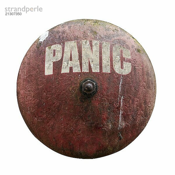 Isolated Rustic Vintage Red Alarm Bell WIth The Word Panic In White