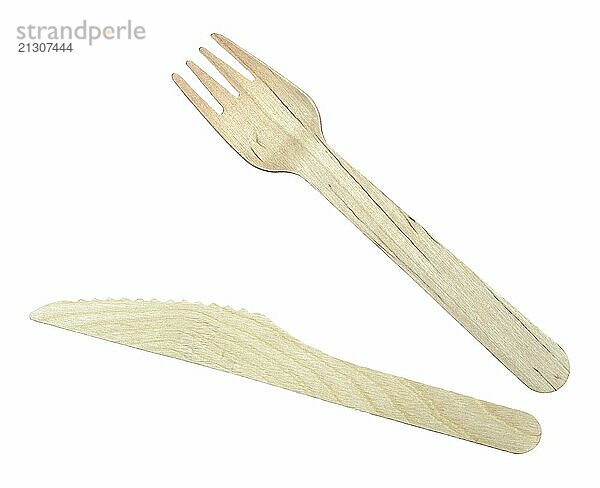 Isolated Wooden Knife And Fork For Take-out Food On A White Background