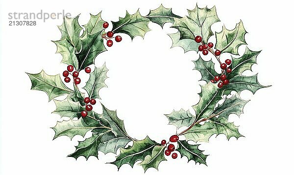 A watercolor painting of a wreath of holly berries. The wreath is surrounded by a white background AI generated