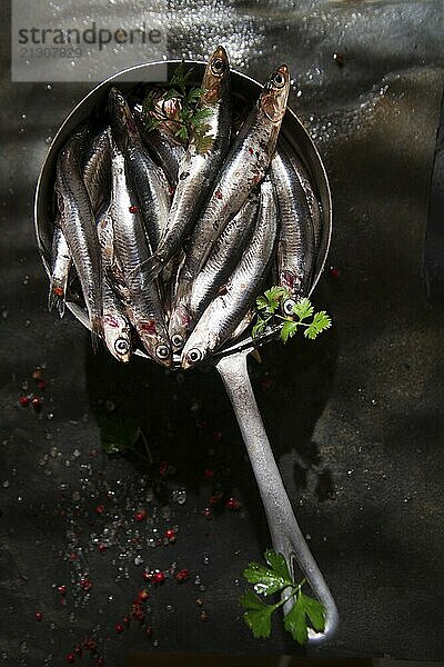 Presentation of a small strainer raw anchovies on a black background