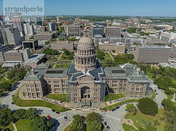 Aerial view of the Texas State Capitol Building In the city of Austin  Texas