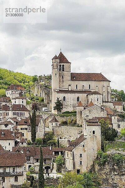 View of Saint-Cirq-Lapopie village with catholic church  France  Europe