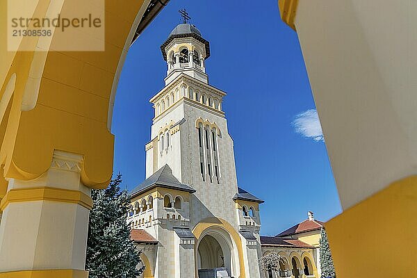 Beautiful view to the Coronation Reunification Cathedral Bell Tower in Alba Iulia city  Romania. A Bell Tower on a sunny day in Alba Iulia  Romania  Europe