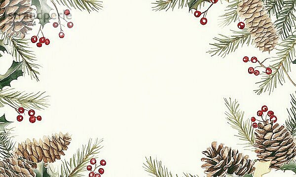 A white background with a Christmas tree and berries. The tree is surrounded by pine cones and berries AI generated