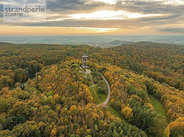 Autumnal forest with observation tower and colourful sea of leaves under a dramatic sky  Schönbuchturm  Herrenberg  Germany  Europe