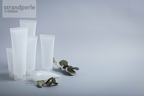 White empty plastic cosmetic tubes staying at gray background with eucalyptus branches  concept of cosmetology  body and skincare  beauty industry  food photography  food photography