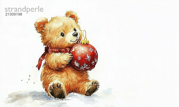 A teddy bear is holding a red Christmas ornament. The bear is sitting on a white background AI generated