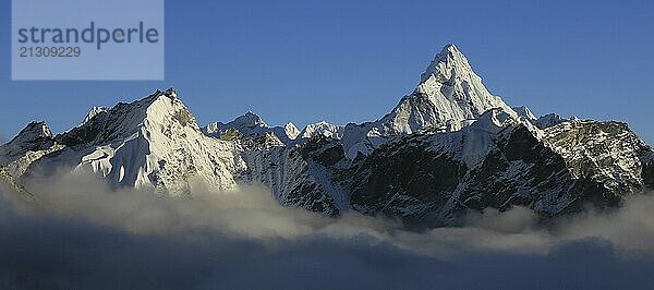 Mount Ama Dablam and other snow covered mountains reaching out of a sea of fog  Nepal  Asia