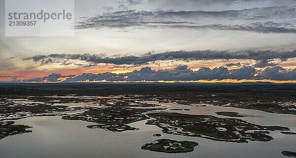 Sunset  drone shot  aerial view  lakes  moor landscape  Lapland  Finland  Europe