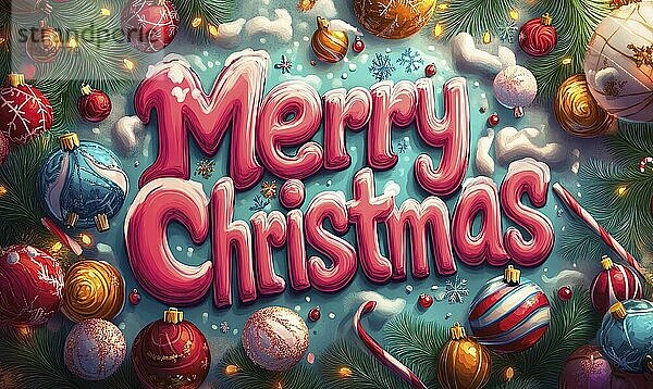 Merry Christmas is written in pink on a blue background. The background is decorated with Christmas ornaments  including a candy cane AI generated