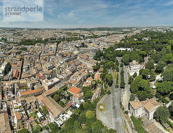 Rome cityscape aerial panorama of many buildings with orange roofs from above. Beautiful Italy city landscape