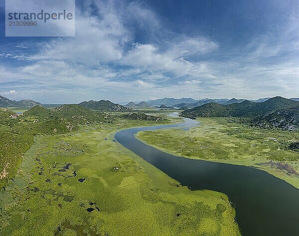 Aerial view of Rijeka Crnojevica  beautiful river between mountains flowing into Skadar Lake  Montenegro  Europe