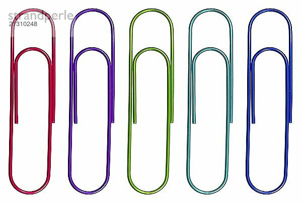 Isolated Multicolored Paperclips In A Row On A White Background