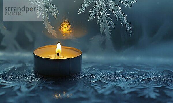 A candle is lit on a table with a blue background. The candle is surrounded by ice  giving the image a serene and calming atmosphere AI generated