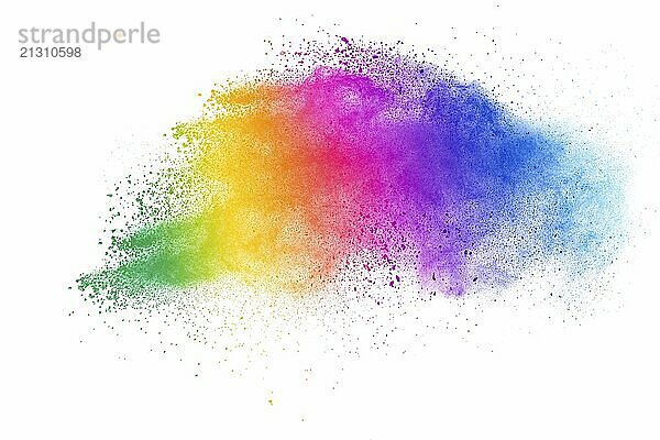 Colorful powder explosion on white background. Abstract pastel color dust particles splash