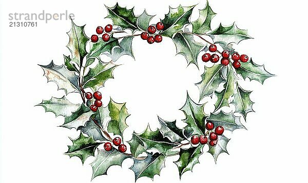 A wreath of holly berries with a white background. The wreath is full of red berries and green leaves AI generated AI generated