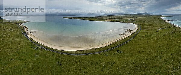 A panorama view of the southern Mullet Peninsula in County Mayo in western Ireland with Elly Bay Beach