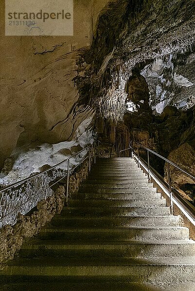 Porto Cristo  Spain  23 January  2024: stairs leading up to the exit of the Cuevas del Drach caves in Porto Cristo in eastern Majorca  Europe