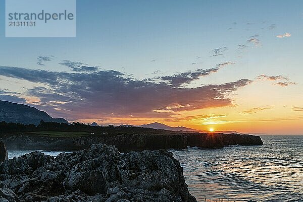 Cliffs at bufones of Pria in the Cantabrian Sea. View at sunset. Asturias  Spain  Europe