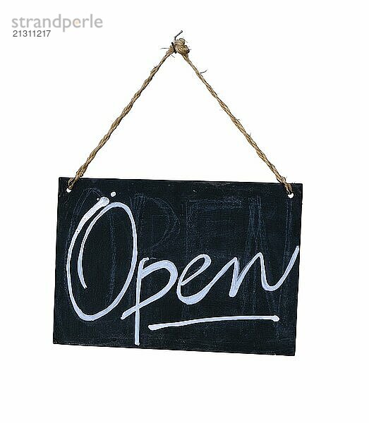 Isolated Rustic Hanging Blackboard Open Sign On A White Background