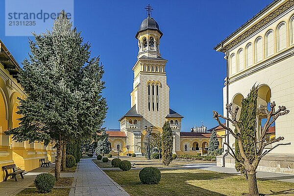 Beautiful view to the Coronation Reunification Cathedral Bell Tower in Alba Iulia city  Romania. A Bell Tower on a sunny day in Alba Iulia  Romania  Europe